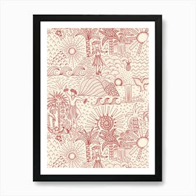 Hawaiian Toile Polynesian Hula Dance Tropical Landscape Cherry Red Cream White Art Print