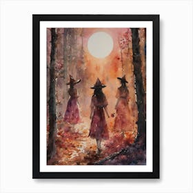 Rose Witches Meet In The Woods ~ Witches Esbat, Witch Meeting, Full Moon Spellcasting, Pagan Artwork, Fairytale Witchcraft Watercolor Painting Witchy Art Print