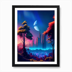 Neon cyberpunk city in a forest — surreal space collage art, cosmic futuristic sci-fi collage Art Print