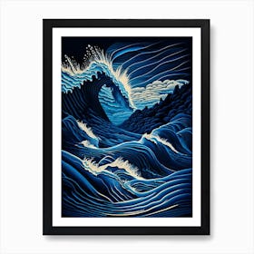 Rushing Water In Deep Blue Sea Water Waterscape Retro Illustration 2 Art Print