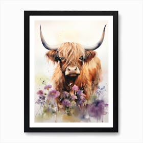 Highland Cow In Wildflower Field Watercolour 3 Art Print