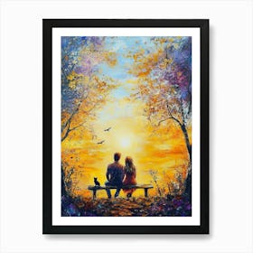 Couple Sitting On Bench At Sunset, Romance And Love Art Print