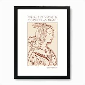 Line Art Minimalist – Portrait Of Simonetta Vespucci As Nymph – Classic Painting 1 Art Print