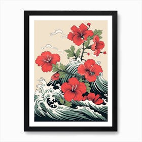 Great Wave With Geranium Flower Drawing In The Style Of Ukiyo E 4 Art Print