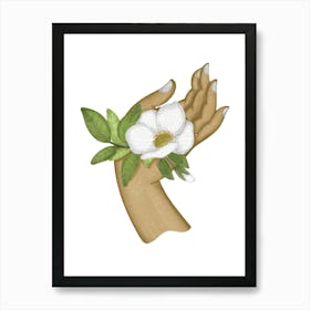 Dainty white flower on a woman hand Art Print