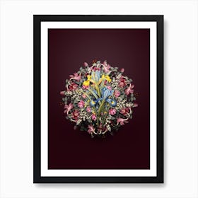 Vintage Spanish Iris Flower Wreath on Wine Red n.0046 Art Print