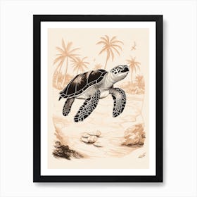 Neutral Tones Sea Turtle Line Illustration Retro Art Print