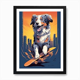 Australian Shepherd Dog Skateboarding Illustration 3 Art Print