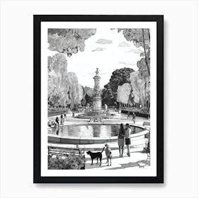 Drawing Of A Dog In Parque Del Retiro Gardens, Spain In The Style Of Black And White Colouring Pages Line Art 04 Art Print