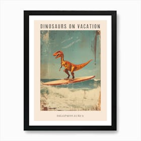 Vintage Dilophosaurus Dinosaur On A Surf Board 1 Poster Art Print