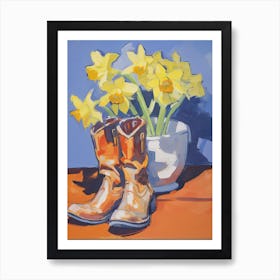 A Painting Of Cowboy Boots With Daffodils Flowers, Fauvist Style, Still Life 1 Art Print