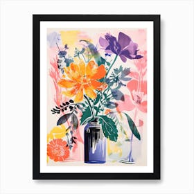 Colourful Flowers In A Vase In Risograph Style 1 Art Print