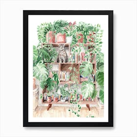 Cat Books And Plants Art Print