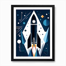 Rocket blasting off over mountains and stars, Rocket wall art, Children’s nursery illustration, Kids' room decor, Sci-fi adventure wall decor, playroom wall decal, minimalistic vector, dreamy gift Art Print