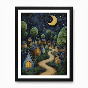 Village At Night With Stars and Moon In The Sky 8 Art Print