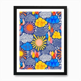 Navy Blue Weather Forecast Abstract Sun, Rain, and Clouds Kids Art Print