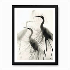 Herons In Flight Black and White Silhouette Art Print