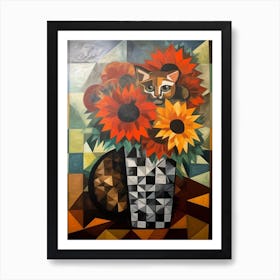 Chrysanthemums With A Cat 2 Cubism Picasso Style Art Print