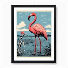 Vintage Bird Linocut Flamingo 3 Art Print