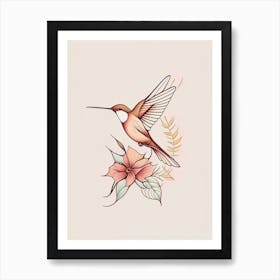 Hummingbird And Flowers Retro Minimal 3 Art Print