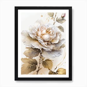 White Rose With Gold Leaves Art Print