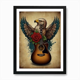 Eagle With Guitar And Rose Art Print