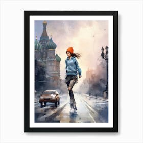 Girl Skateboarding In Moscow, Russia Watercolour 1 Affiche