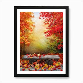 Autumnal Tableau In Vibrant Watercolor Leaves In Shades Of Crimson Orange And Gold Aflutter Amids (3) Art Print