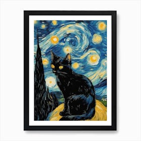 The Starry Night, Vincent Van Gogh Inspired black Cat Art Print Art Print