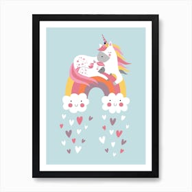 Unicorn And Rainbow In Blue kids art print