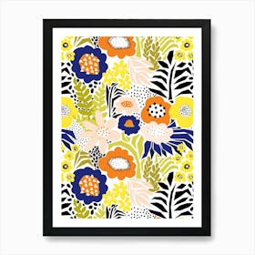 Paper Cut And Doodle Floral Collage Yellow Navy Peach Orange Art Print