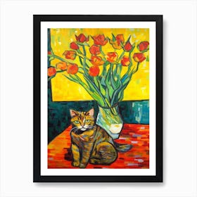 Daffodils With A Cat 2 Fauvist Style Painting Art Print