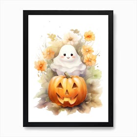 Cute Ghost With Pumpkins Halloween Watercolour 132 Art Print