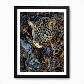 Leopard In Blue Flowers 1 Art Print