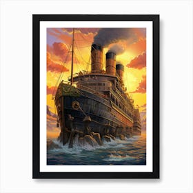 Titanic Ship At Sunset Sea Watercolour 1 Art Print