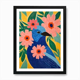 Blue Bird With Pink Flowers Art Print