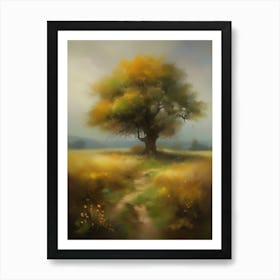 Oak tree, fine work of art, misty atmosphere, green meadow..12 Art Print