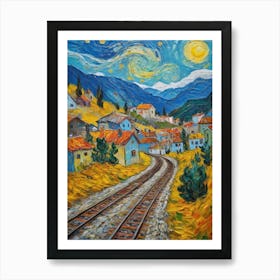 A Painting Of Train Tracks Leading To A Village Póster