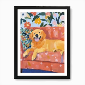 Golden Retriever on Couch Gouache Painting Art Print