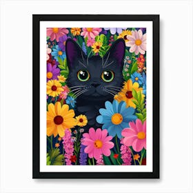 Black Cat In Flowers 3 Art Print