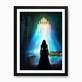 Gothic Woman Approaches A Sinister Medieval Castle Sunlight Seeping Through To Cast A Kaleidoscope Art Print