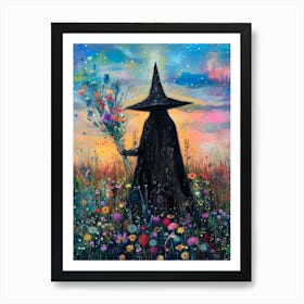 A Witch Watches the Sunrise Gathering Wildflowers | Colorful Witchcraft Painting | Summerween Summer Halloween Spooky Cute Wall Decor | Pagan Print Summer Solstice Litha in HD Art Print