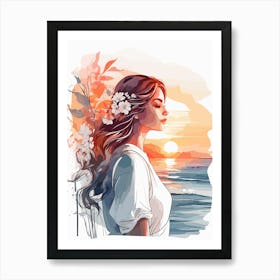 Girl At Sunset Art Print Painting Art Print