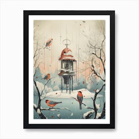 Bird House Winter Snow Illustration 7 Art Print
