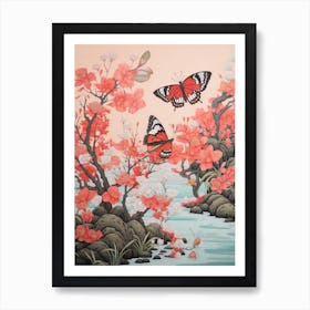 Pink Blush Flowers & Butterflies Japanese Style Painting Art Print