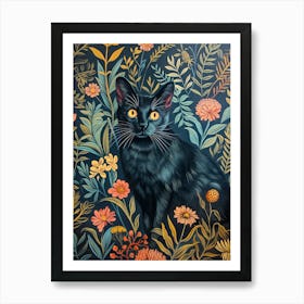 William Morris 19th century style vintage Black Cat In Flowers Painting Art Print