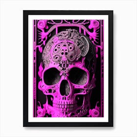 Skull With Steampunk Details 2  Pink Linocut Art Print