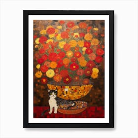 Chrysanthemums With A Cat 1 Art Nouveau Klimt Style Art Print