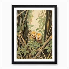 Ducklings In The Leaves Japanese Woodblock Style 2 Art Print