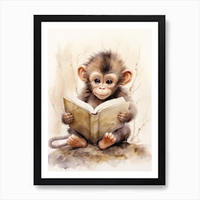 Monkey Painting Reading Watercolour 1 Art Print